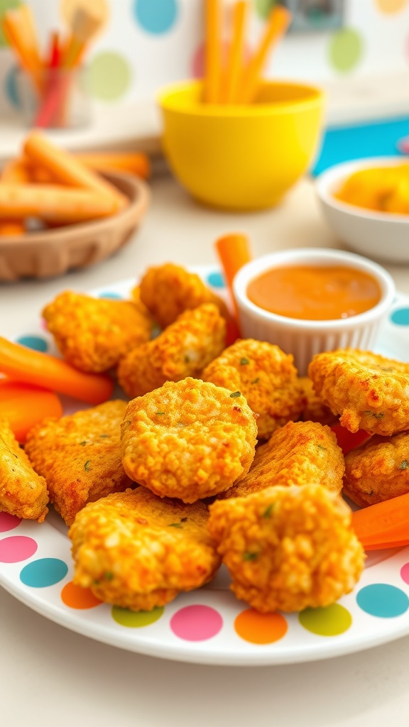 A plate of golden homemade chicken nuggets for babies, served with applesauce and carrot sticks.